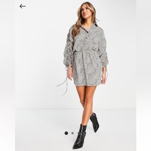 AX Paris Mini Shirt Dress with Ruched Sleeves in Natural Polka Dot